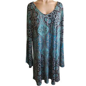 Reborn Plus Size 3x Tunic Dress Blue Paisley Dress Stretchy Bell Sleeves